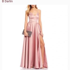 Dillards B. Darlin V-Neck Spaghetti Strap Side Slit Satin Ball Gown